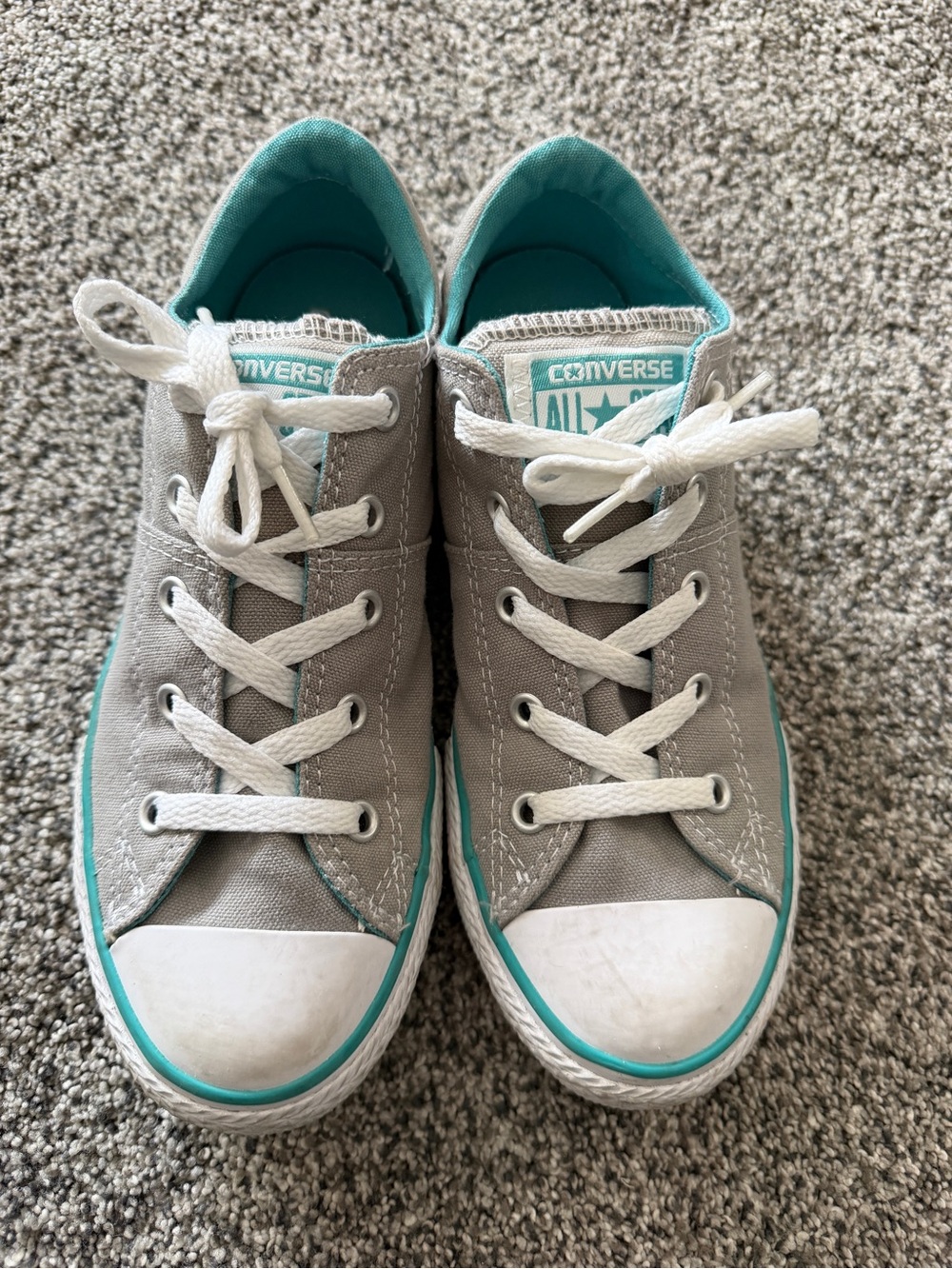 Gray Converse sneakers with teal accents, size US 3 #converse #teal